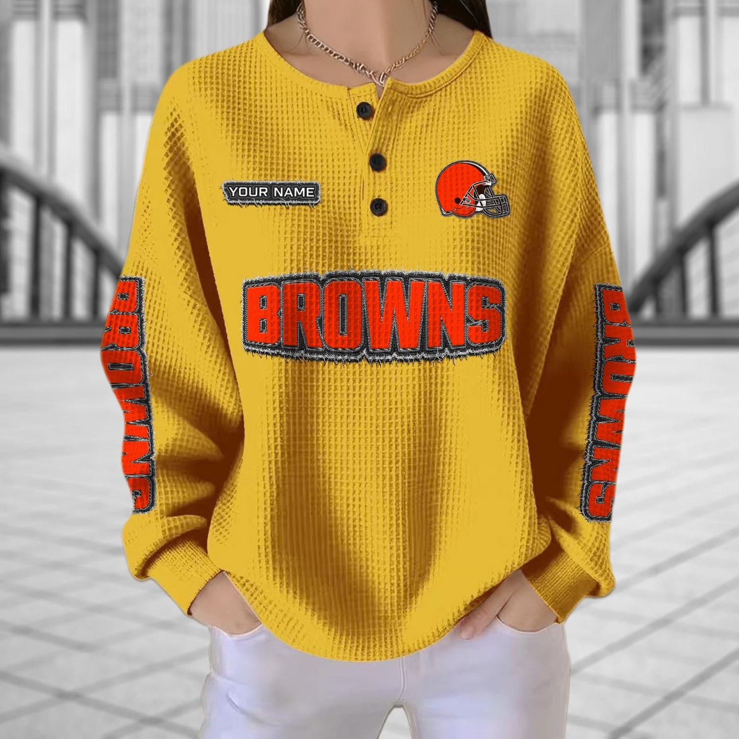 CLE x NFL Personalized Waffle Knit Henley Sweatshirt 2005 DatND DVT