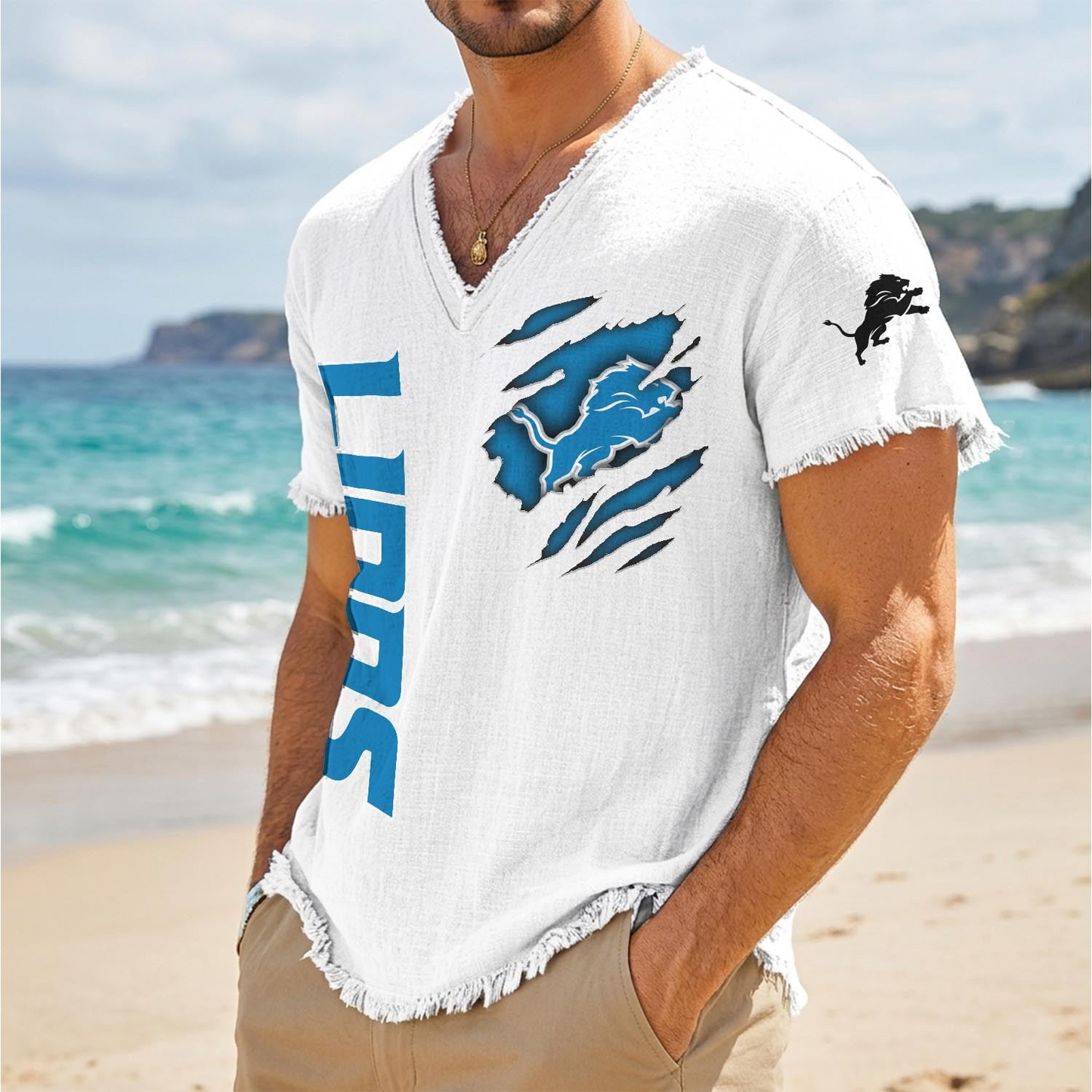 DET x NFL V-Neck Linen Beach Shirt 1905 DatND DVT