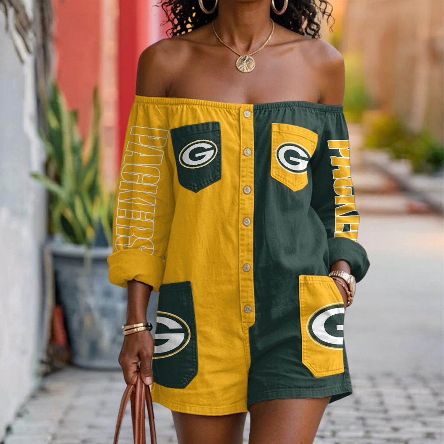 GB x NFL Button-Front Off-Shoulder Dress DATND TANTD 060626
