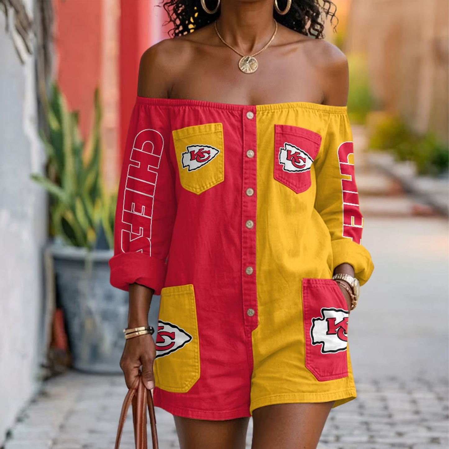 KCC x NFL Button-Front Off-Shoulder Dress DATND TANTD 060626