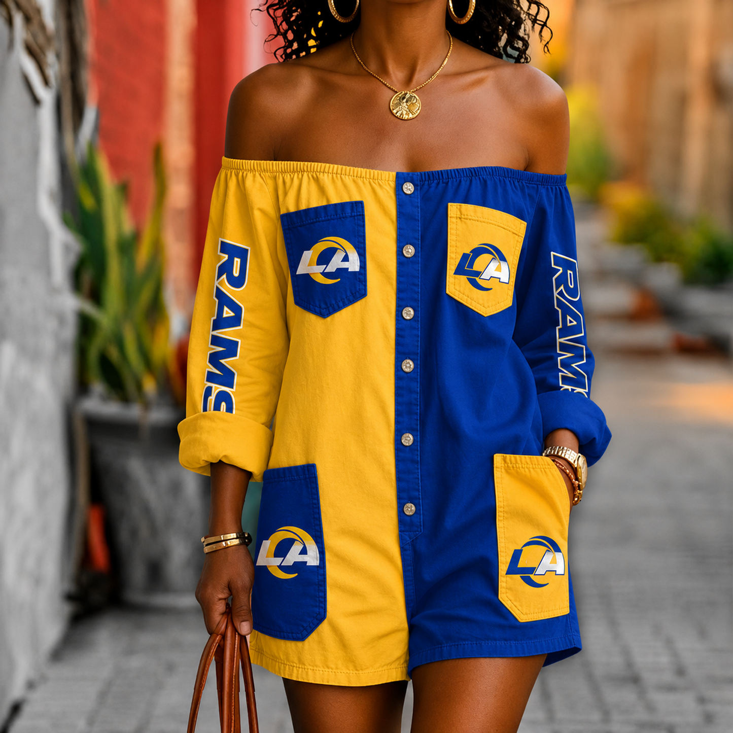 LAR x NFL Button-Front Off-Shoulder Dress DATND TANTD 060626