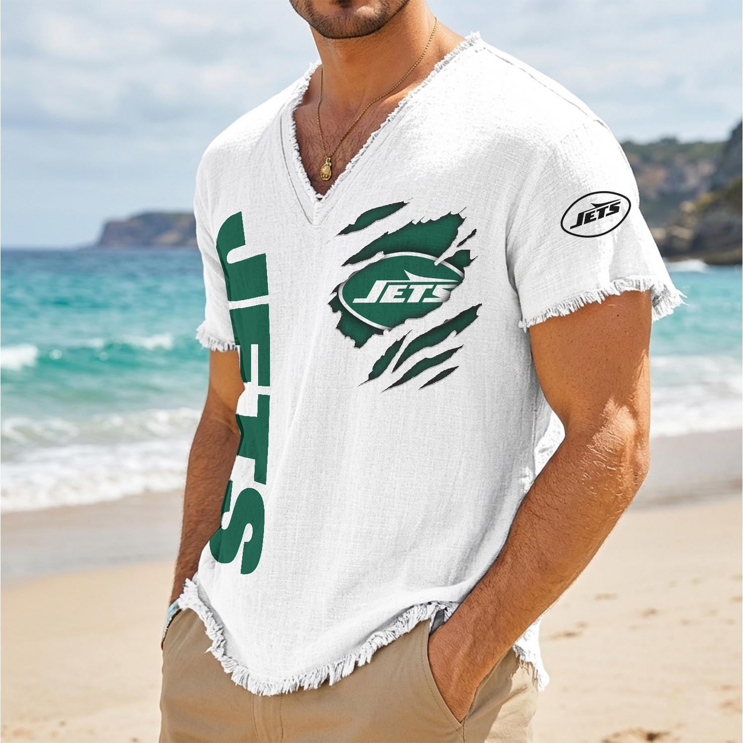 NYJ x NFL V-Neck Linen Beach Shirt 1905 DatND DVT