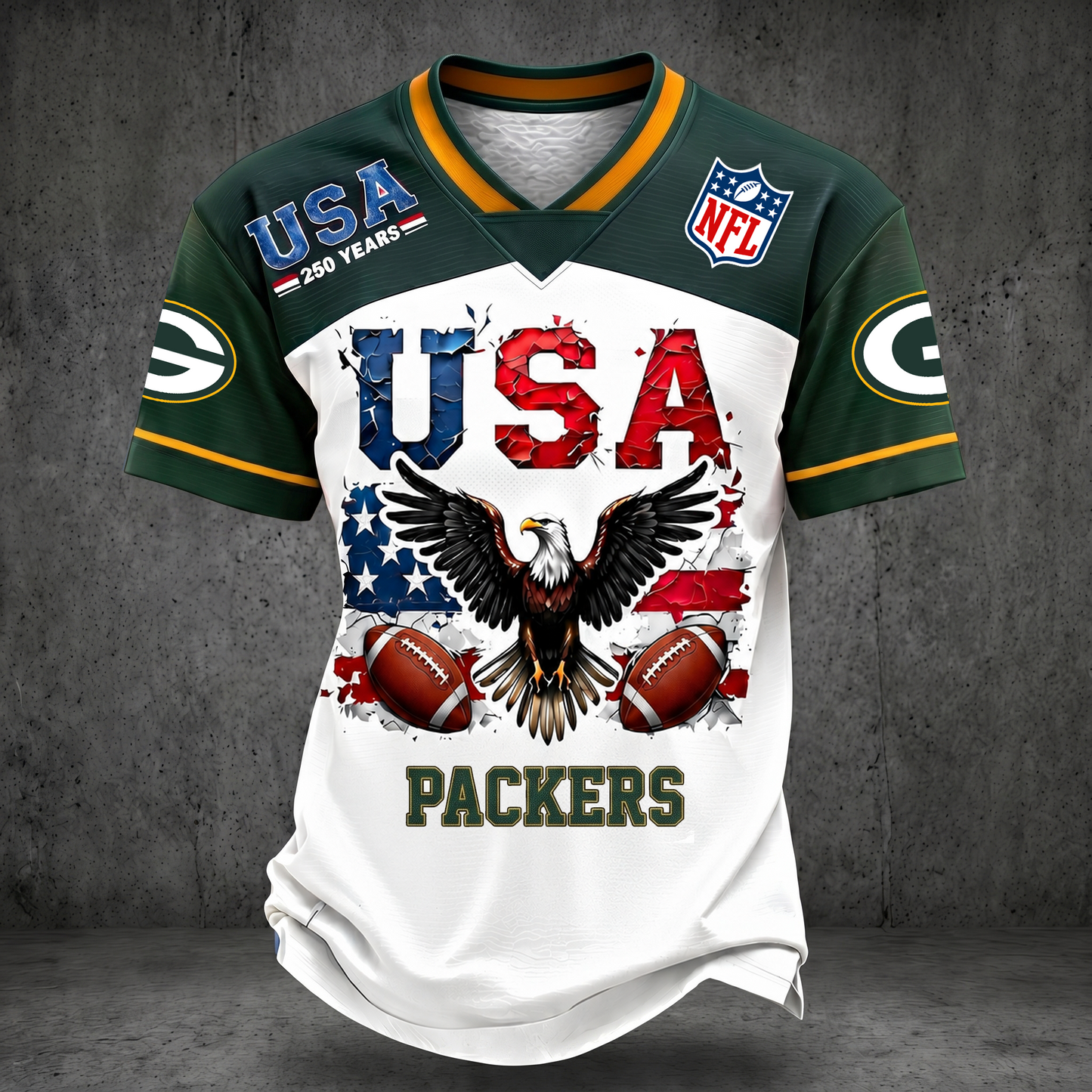 PREMIUM NFL x GBP 250TH Anniversary LUXURY V-Neck PATCHWORK T- Shirt 220626