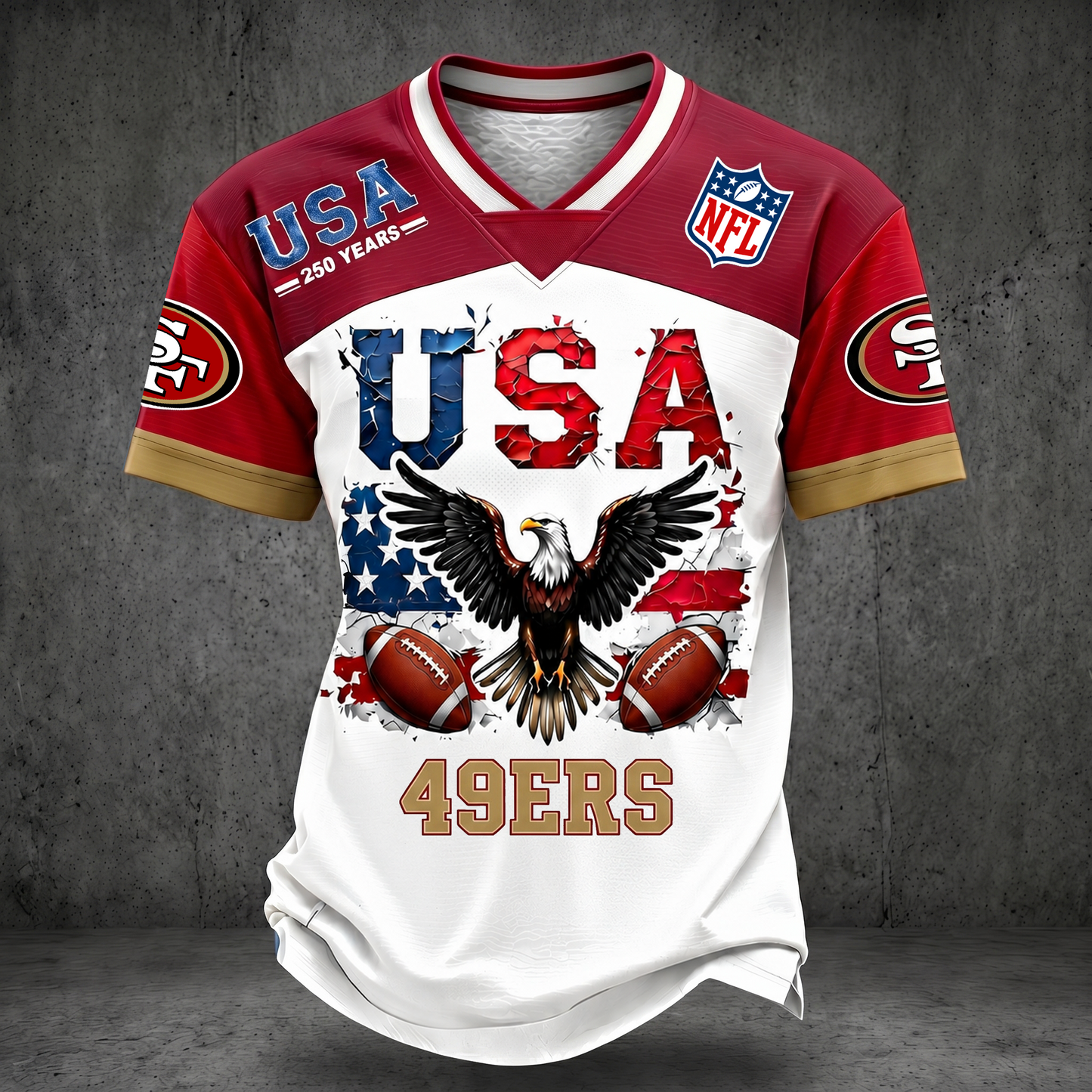 PREMIUM NFL x SF49 250TH Anniversary LUXURY V-Neck PATCHWORK T- Shirt 220626