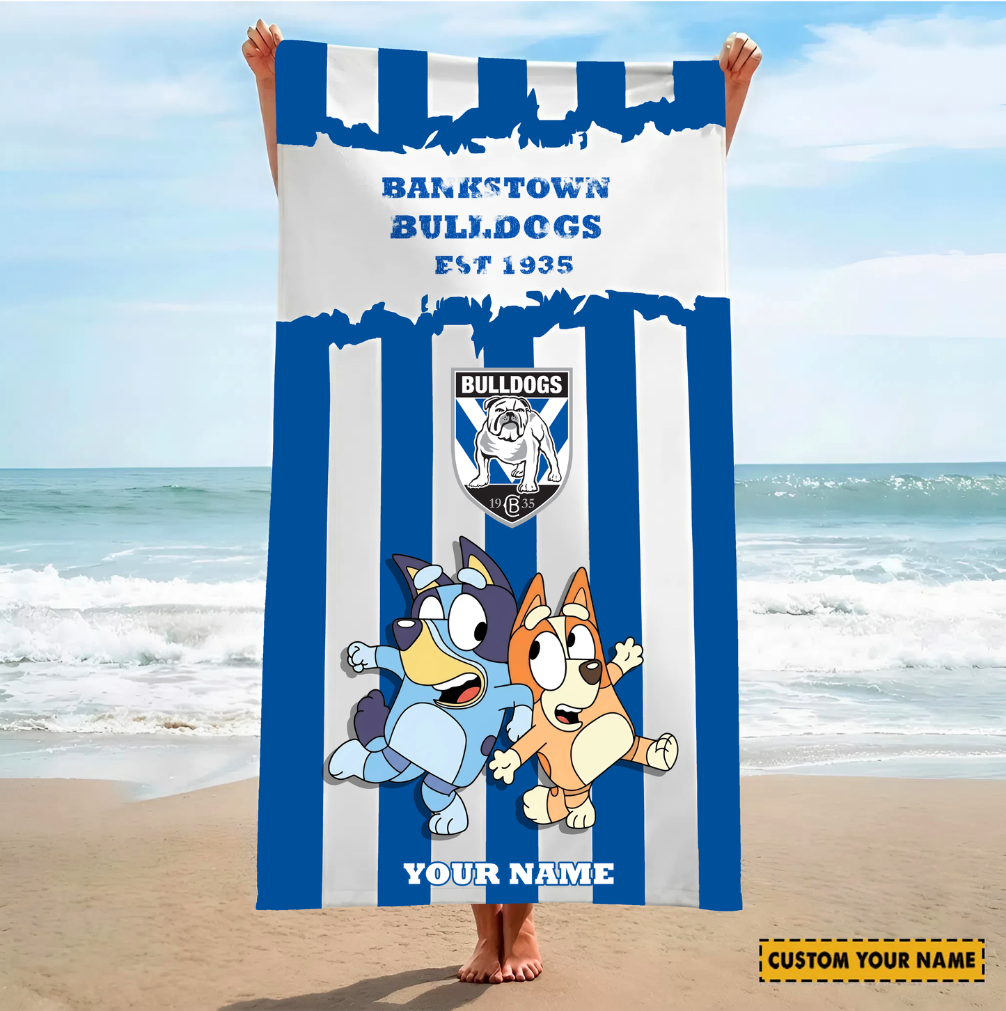 PREMIUM NRL X CBB BLUEY&BINGO Beach Towel Personalized NDT VHM 280326