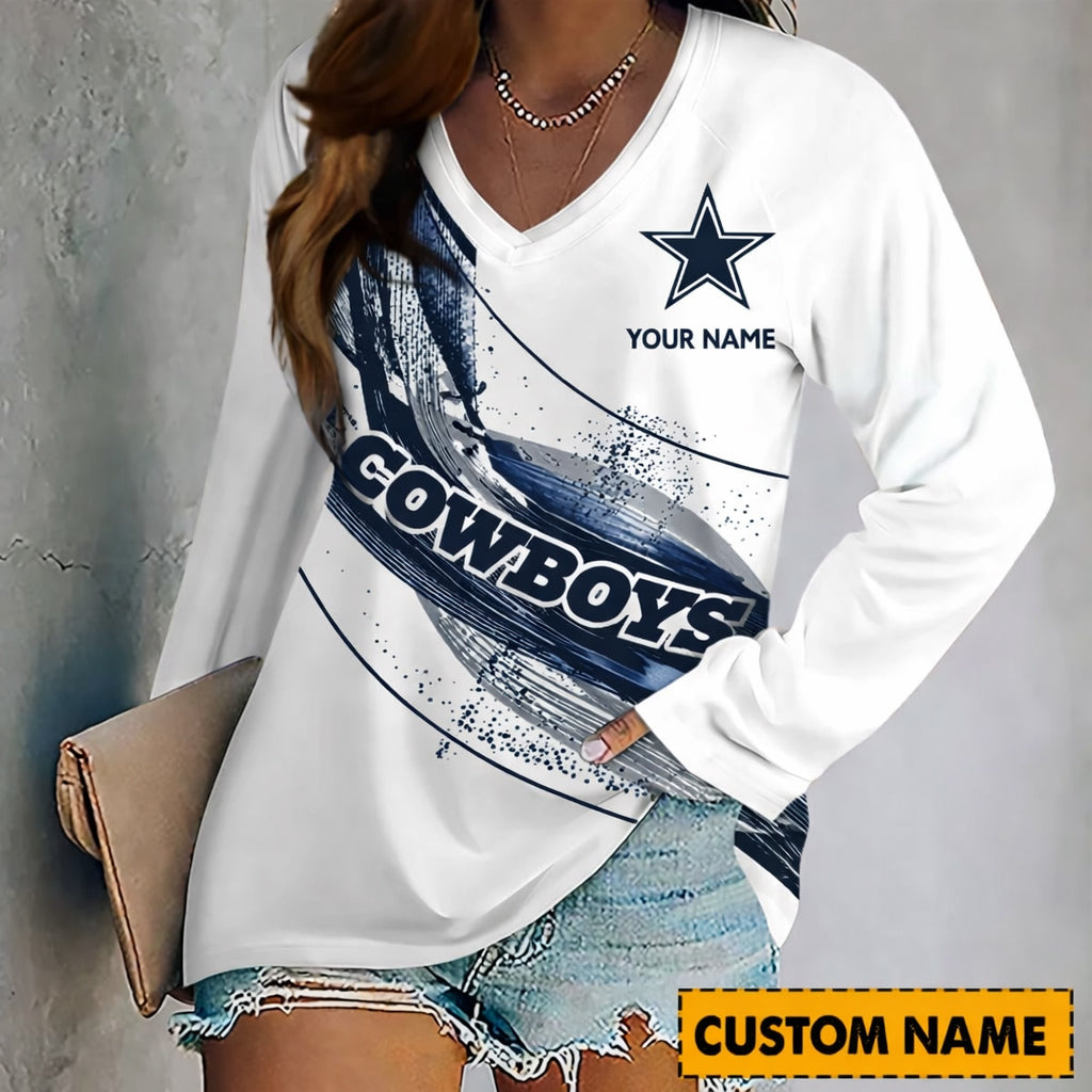 PREMIUM NFL X DAL Womenƒ??s V-Neck Long-Sleeved Shirt - Custom Name Gifts For Fans NDT NHM 240226