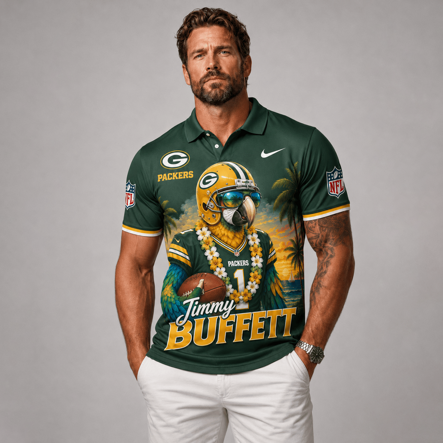 Premium NFL x GB Tropical Parrot Performance Polo Shirt 180626