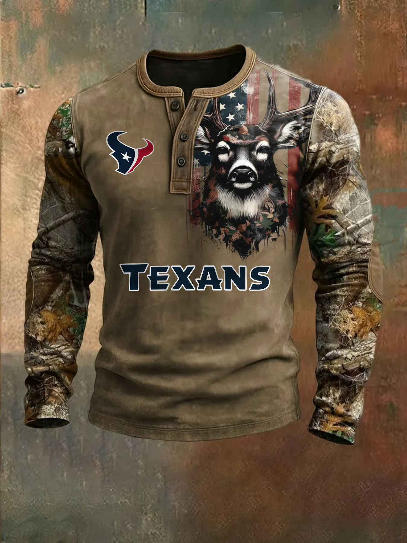 Premium NFL X HOU Retro Western Deer Henley Long Sleeve Shirt NDT NHM 311225