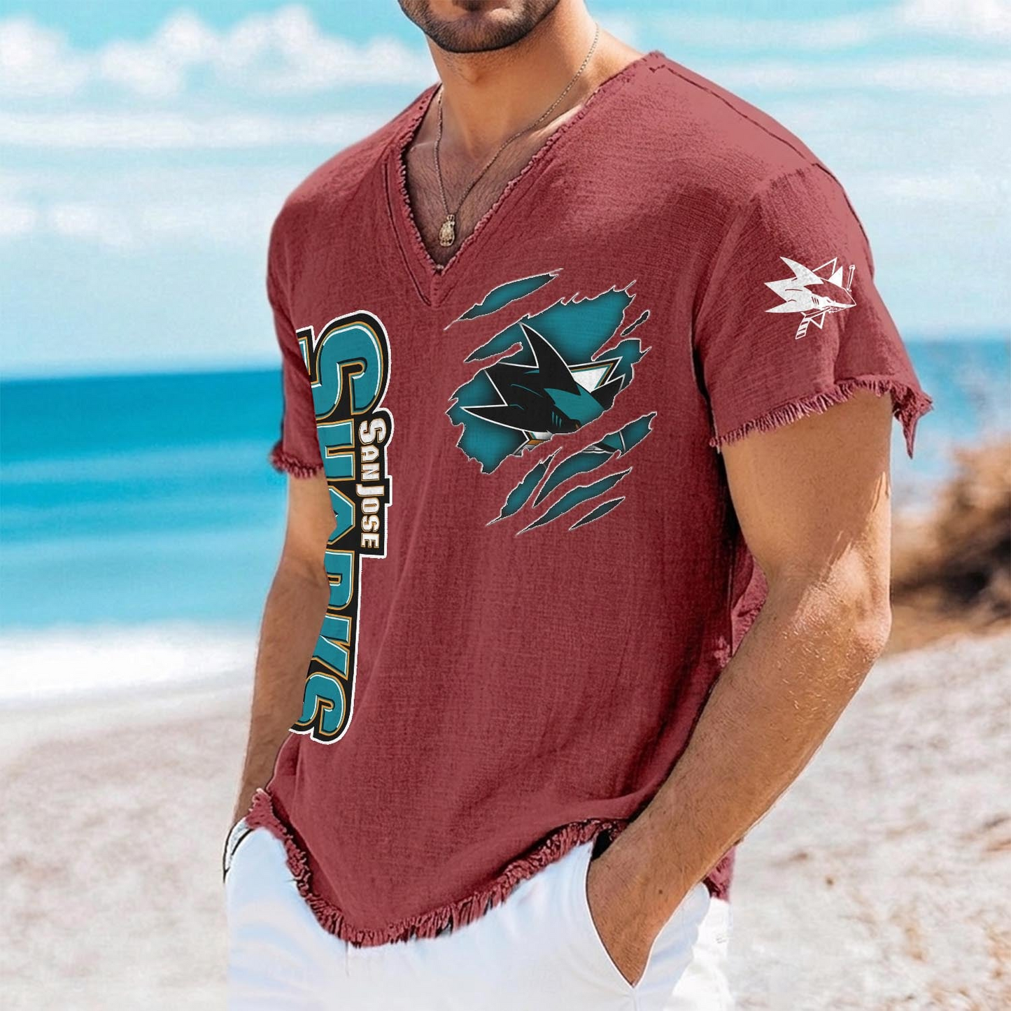 SJS x NHL V-Neck Linen Beach Shirt 1905 DatND DVT
