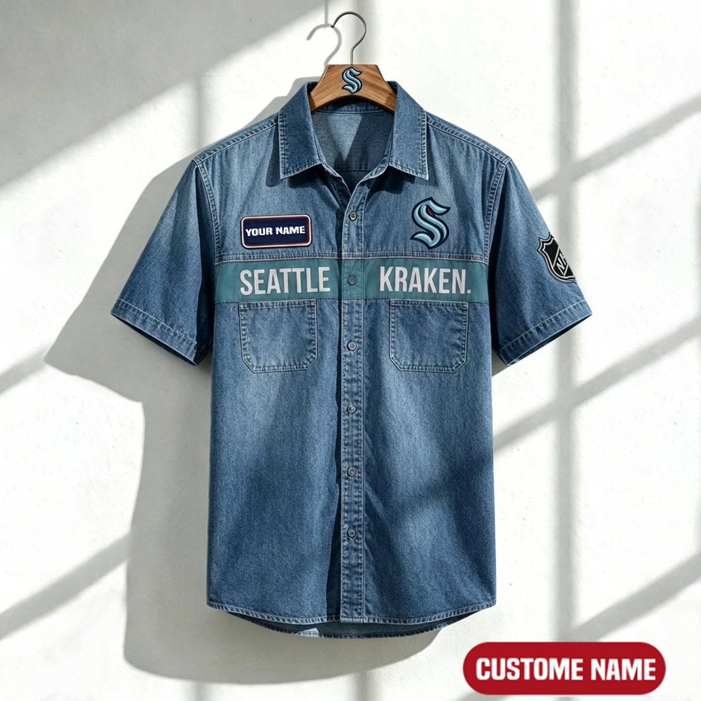 SK x NHL Print Denim Short-Sleeve Work Shirt 180526 DatND LBN