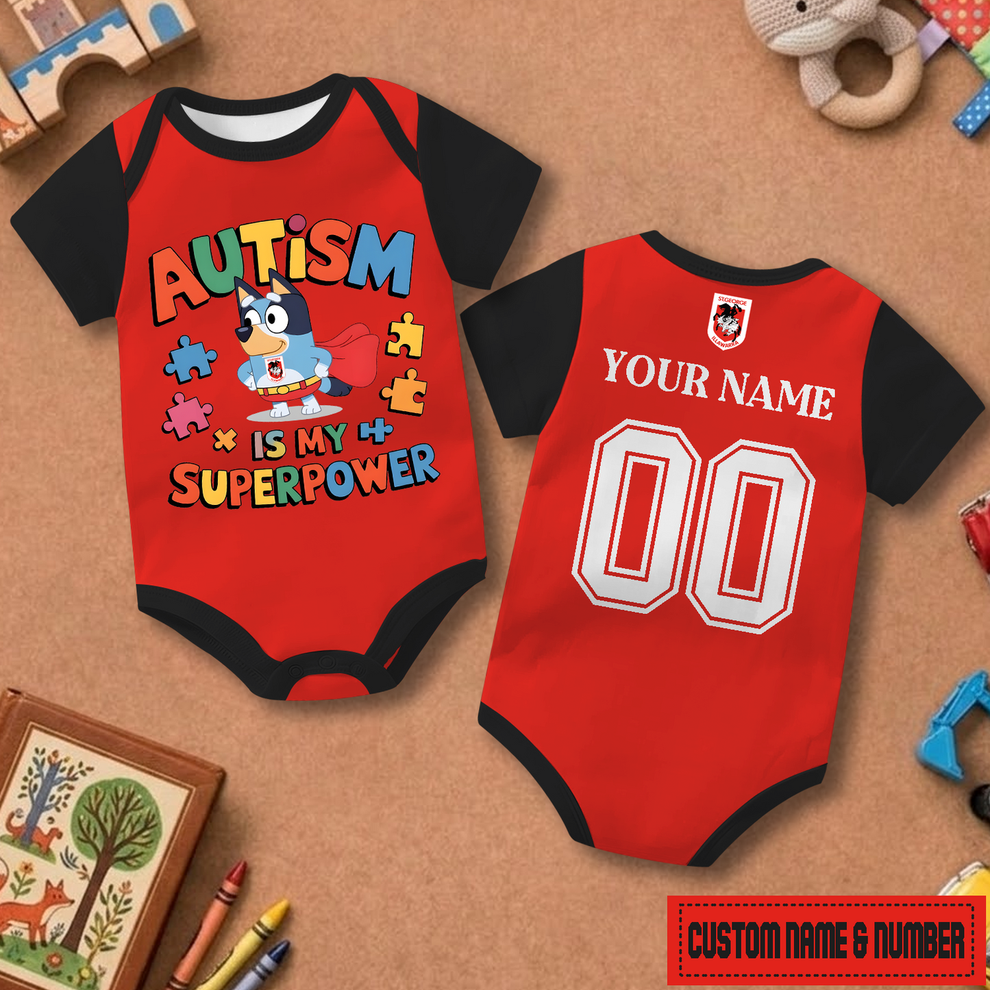 STI x NRL Custom Name & Number Baby Romper DATND TANTD