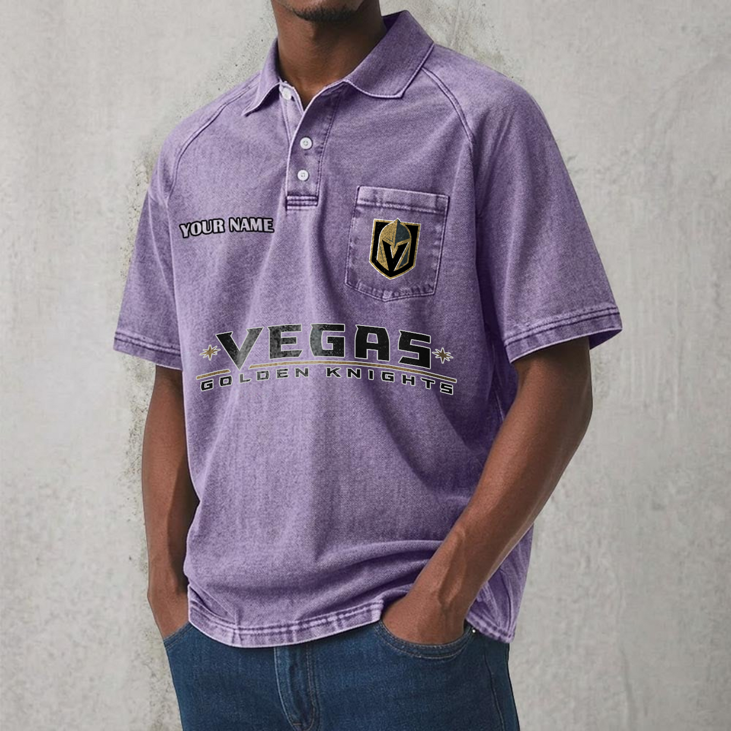VGK x NHL Men's Distressed Turn-Down Collar Polo DATND TANTD 250526