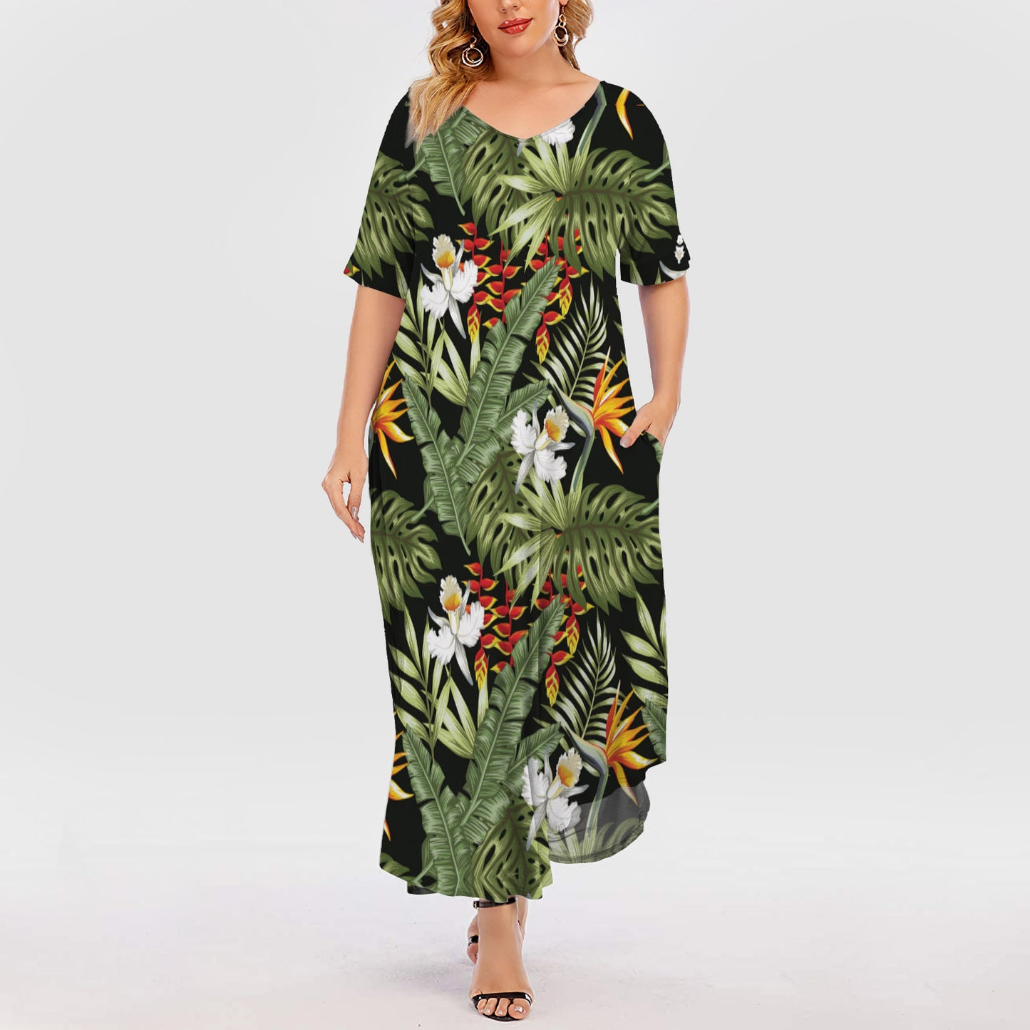 Hawaii Tropical Plants Short Sleeve Plus Size Maxi Dress | Plus Size Dress | Summer Dress For Women