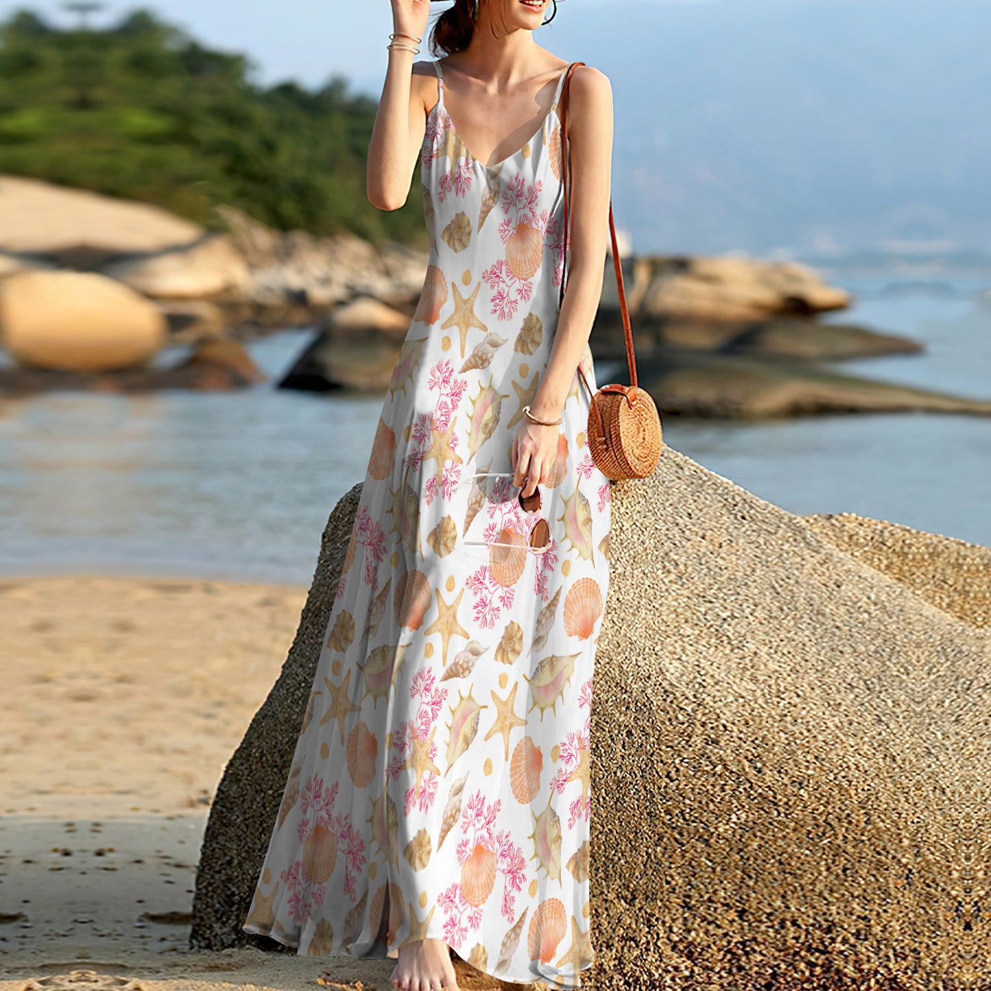 Coral Seashell Beach Sleeveless Maxi Dress | Women Summer Dress | Sundress