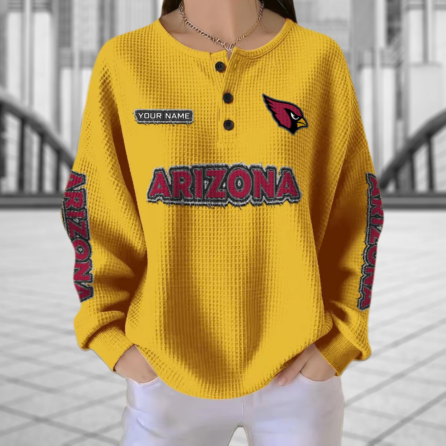 ARI x NFL Personalized Waffle Knit Henley Sweatshirt 2005 DatND DVT