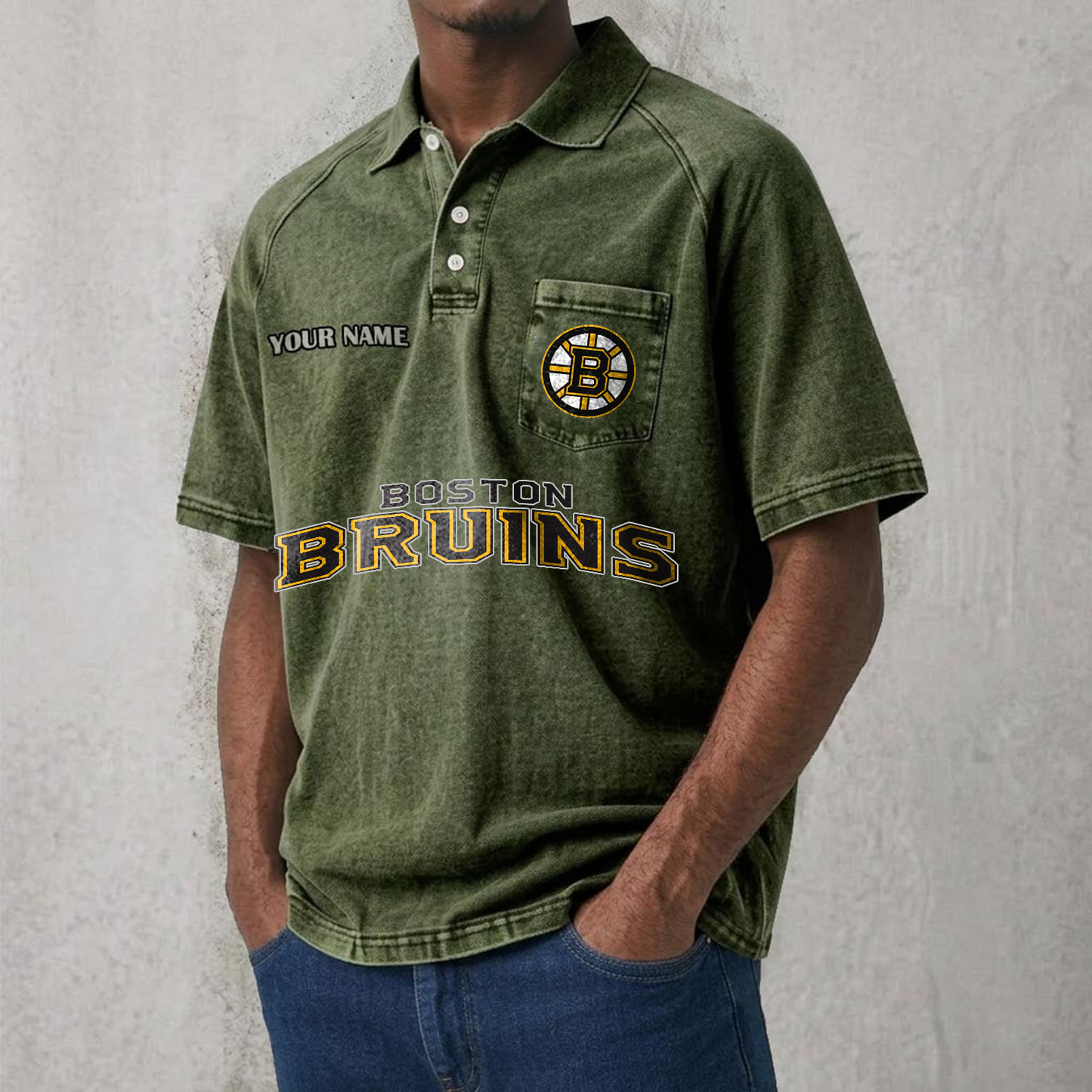 BOS x NHL Men's Distressed Turn-Down Collar Polo DATND TANTD 250526