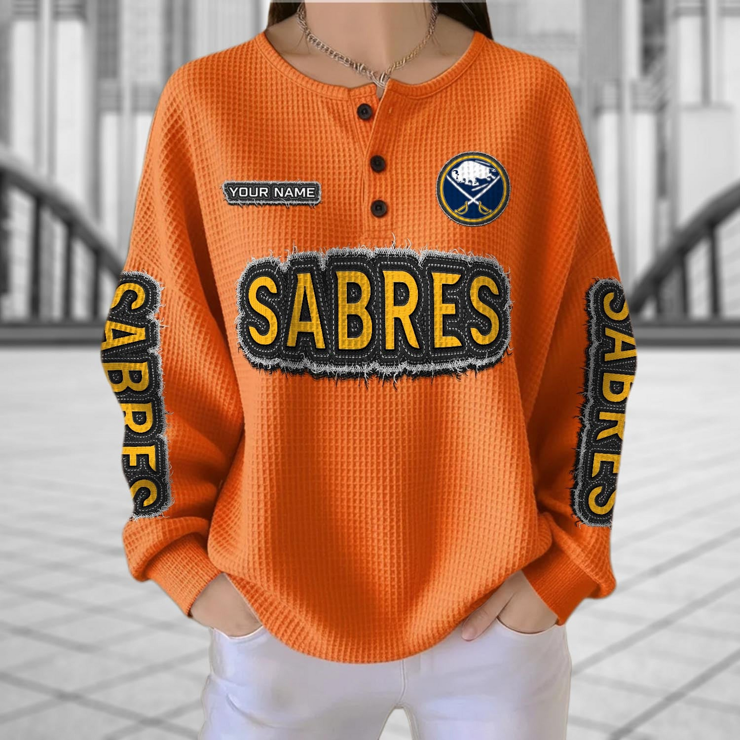 BUF x NHL Personalized Waffle Knit Henley Sweatshirt 2005 DatND DVT