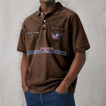 CBJ x NHL Men's Distressed Turn-Down Collar Polo DATND TANTD 250526