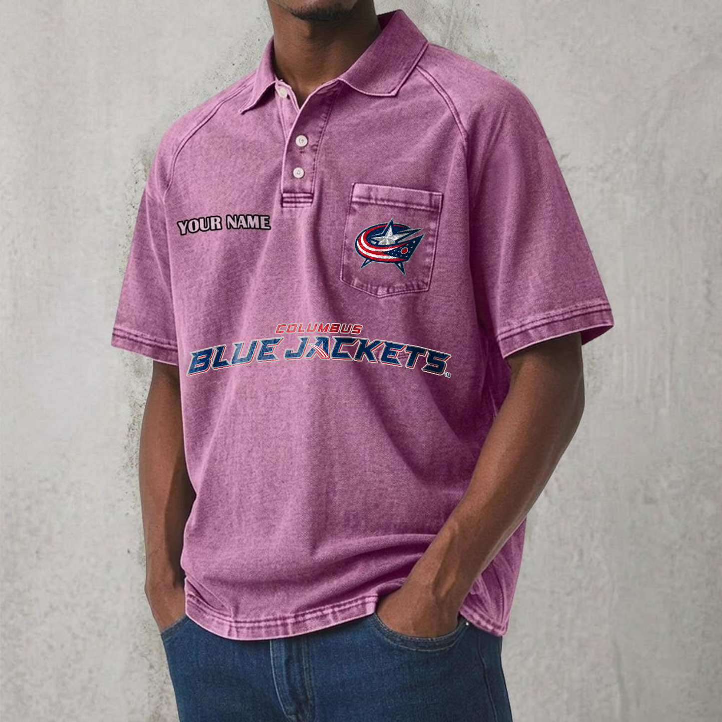 CBJ x NHL Men's Distressed Turn-Down Collar Polo DATND TANTD 250526