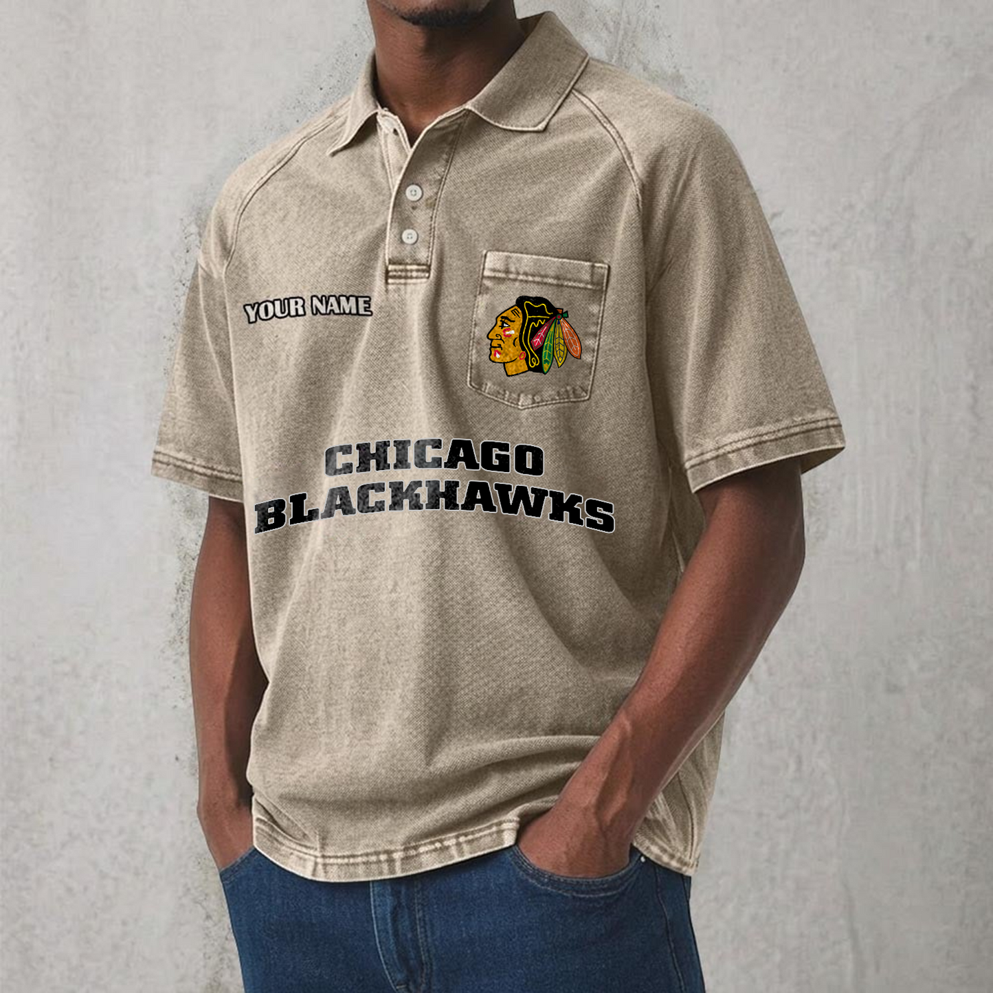 CHI x NHL Men's Distressed Turn-Down Collar Polo DATND TANTD 250526