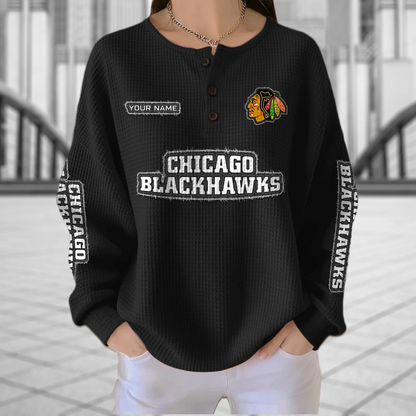 CHI x NHL Personalized Waffle Knit Henley Sweatshirt 2005 DatND DVT