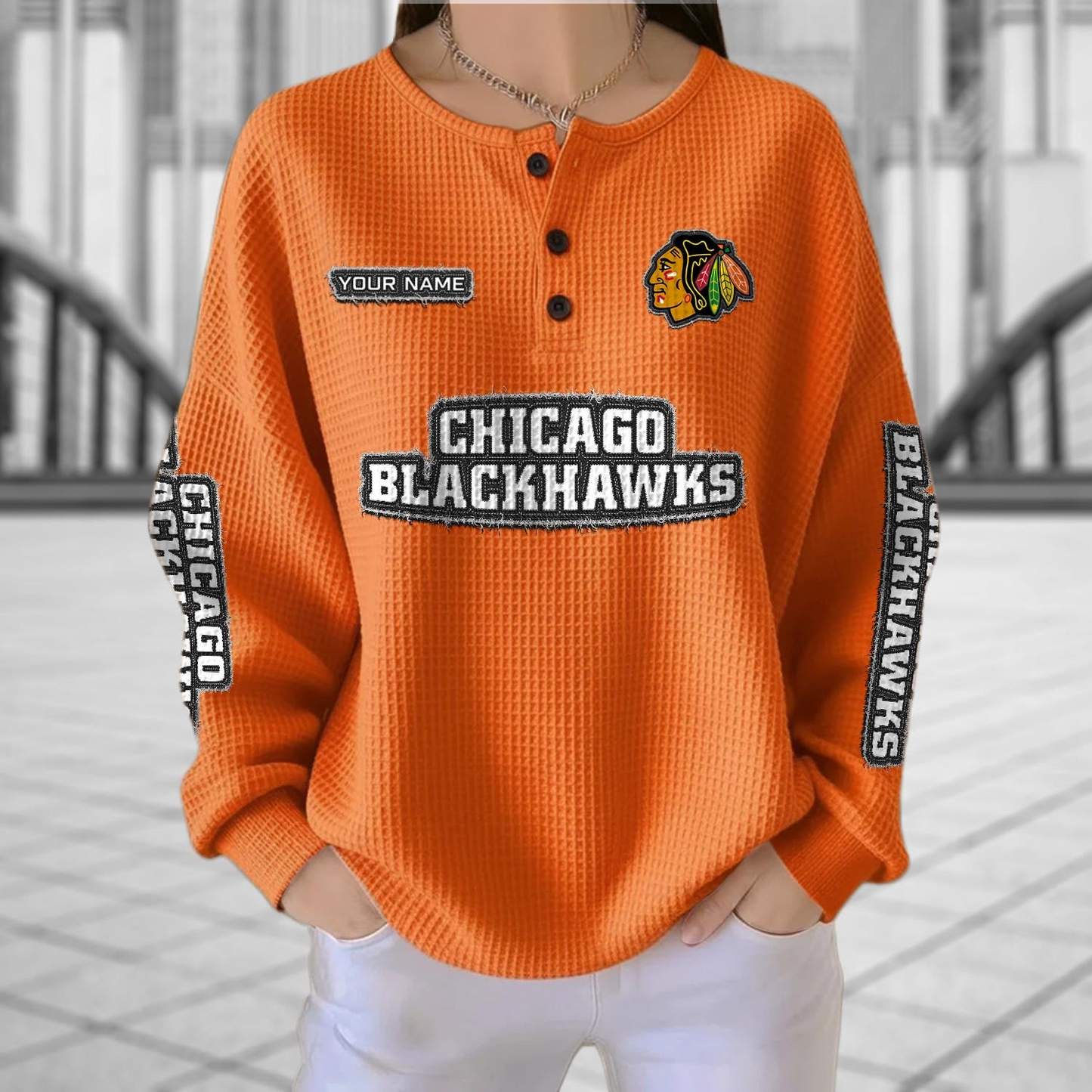 CHI x NHL Personalized Waffle Knit Henley Sweatshirt 2005 DatND DVT