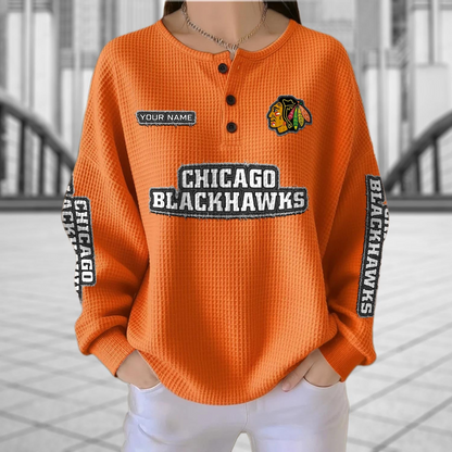 CHI x NHL Personalized Waffle Knit Henley Sweatshirt 2005 DatND DVT