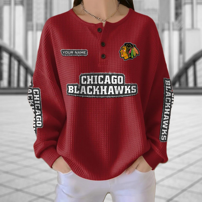 CHI x NHL Personalized Waffle Knit Henley Sweatshirt 2005 DatND DVT