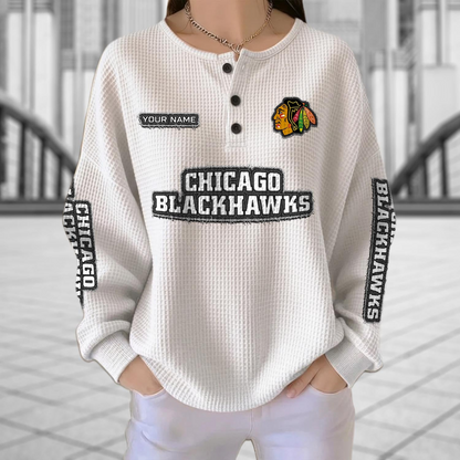 CHI x NHL Personalized Waffle Knit Henley Sweatshirt 2005 DatND DVT