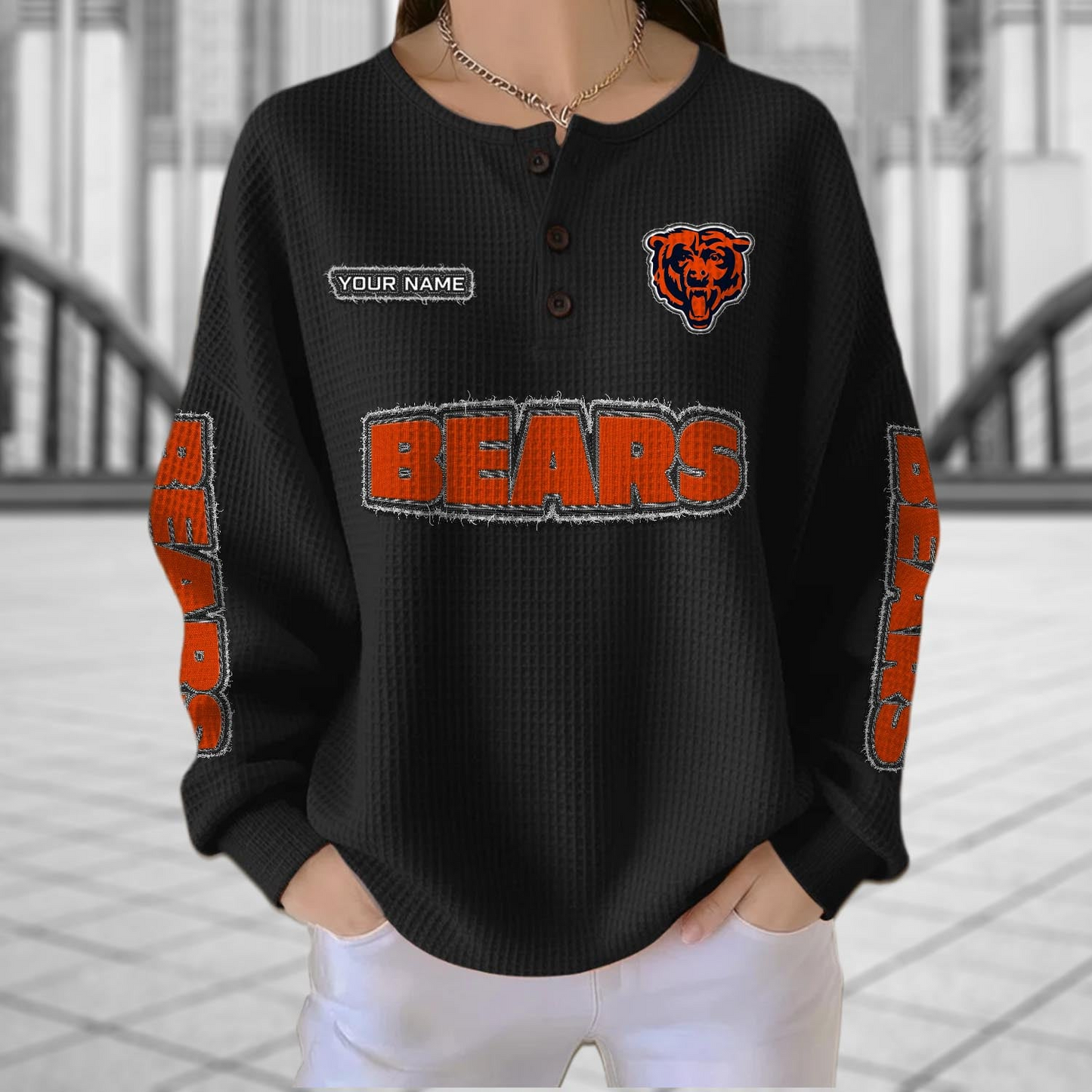 CHI x NFL Personalized Waffle Knit Henley Sweatshirt 2005 DatND DVT