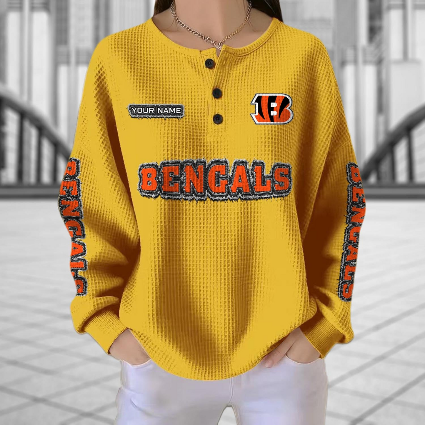 CIN x NFL Personalized Waffle Knit Henley Sweatshirt 2005 DatND DVT