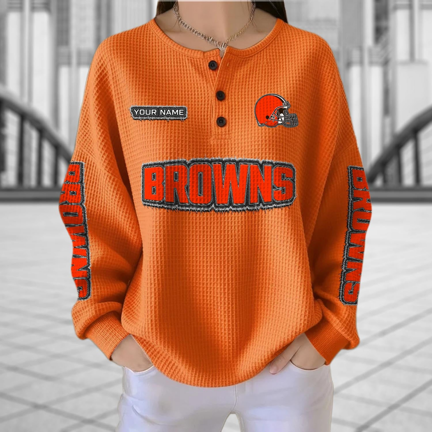 CLE x NFL Personalized Waffle Knit Henley Sweatshirt 2005 DatND DVT