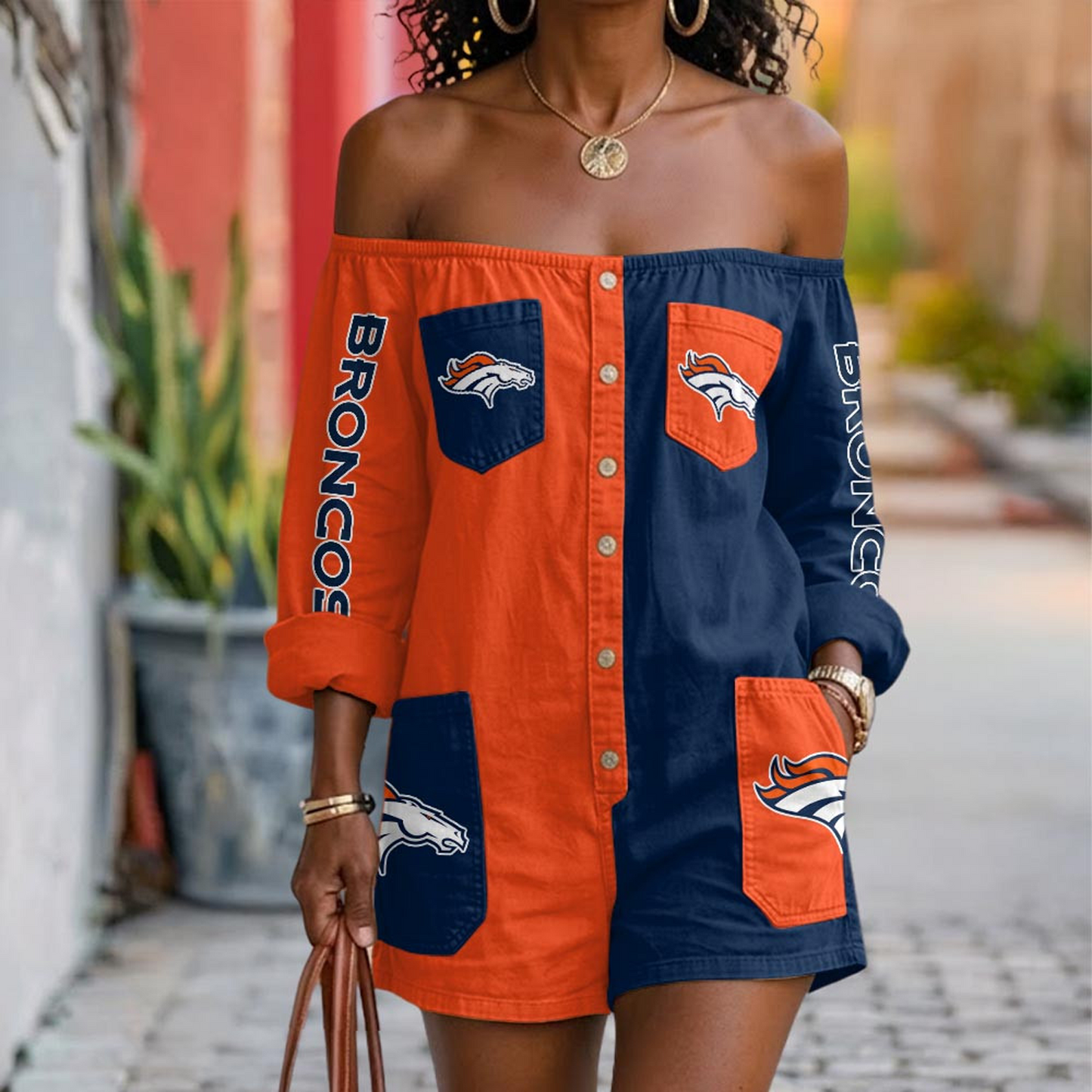 DEN x NFL Button-Front Off-Shoulder Dress DATND TANTD 060626