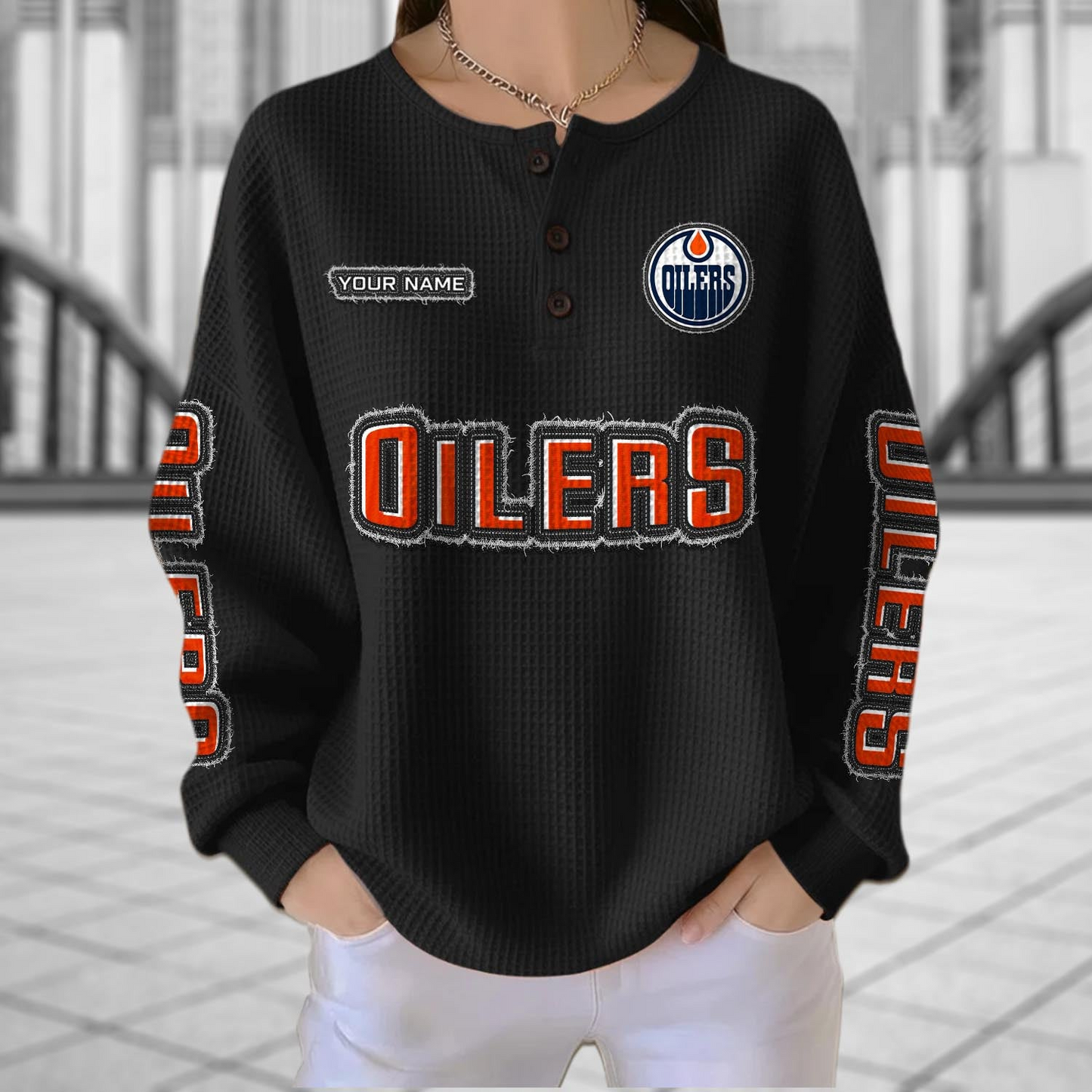 EDM x NHL Personalized Waffle Knit Henley Sweatshirt 2005 DatND DVT