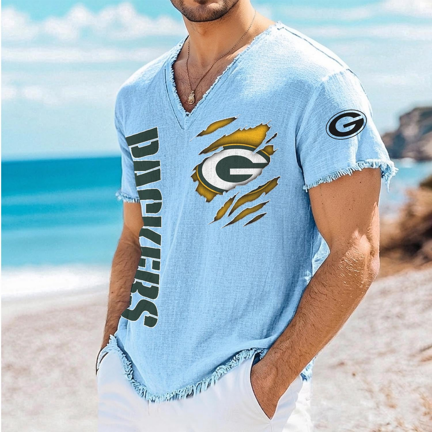 GB x NFL V-Neck Linen Beach Shirt 1905 DatND DVT