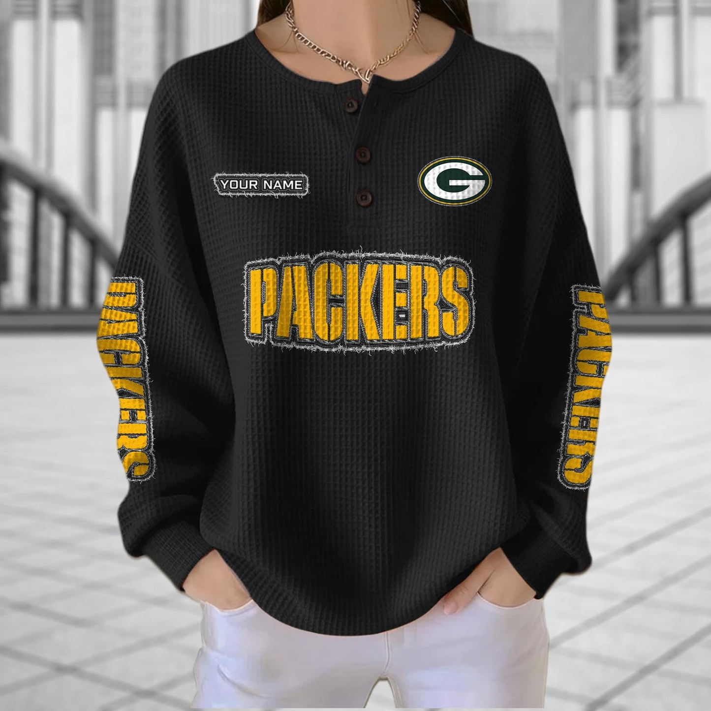 GB x NFL Personalized Waffle Knit Henley Sweatshirt 2005 DatND DVT