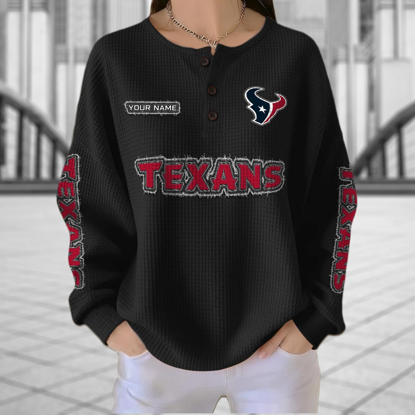 HOU x NFL Personalized Waffle Knit Henley Sweatshirt 2005 DatND DVT