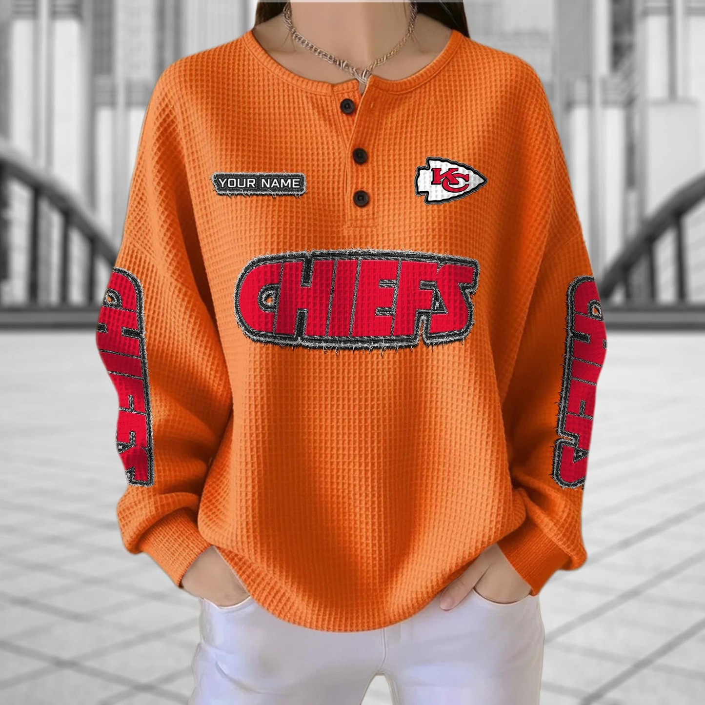 KC x NFL Personalized Waffle Knit Henley Sweatshirt 2005 DatND DVT