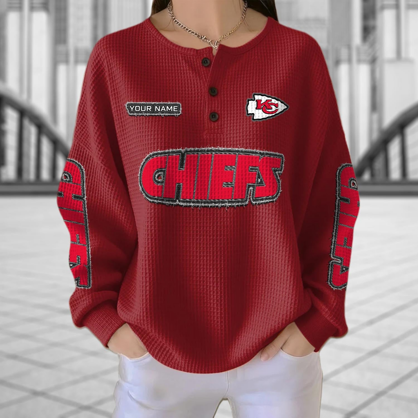 KC x NFL Personalized Waffle Knit Henley Sweatshirt 2005 DatND DVT