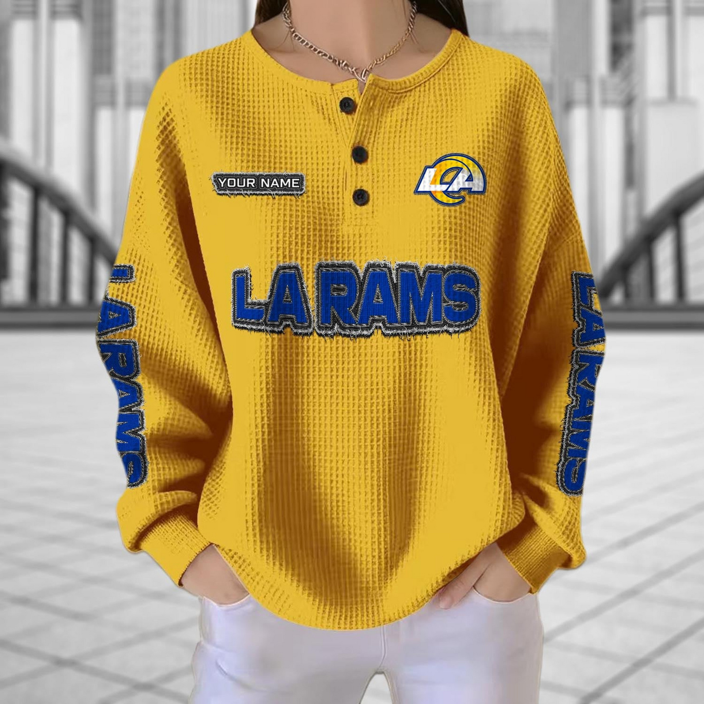 LAR x NFL Personalized Waffle Knit Henley Sweatshirt 2005 DatND DVT