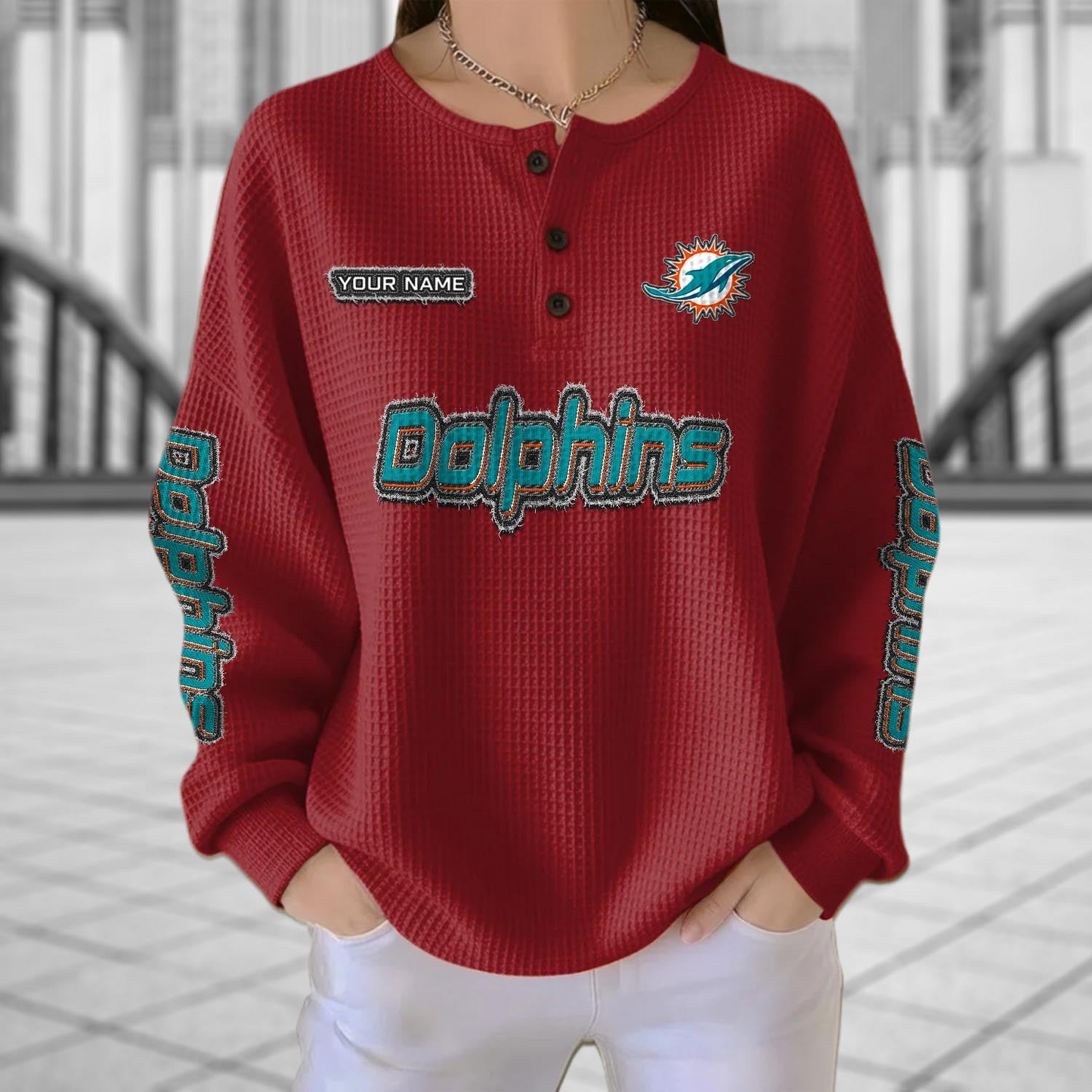 MIA x NFL Personalized Waffle Knit Henley Sweatshirt 2005 DatND DVT