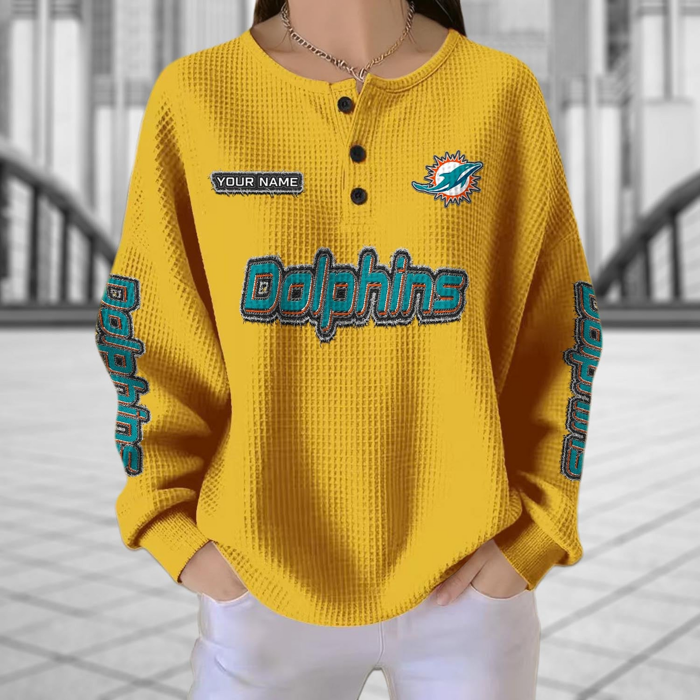 MIA x NFL Personalized Waffle Knit Henley Sweatshirt 2005 DatND DVT