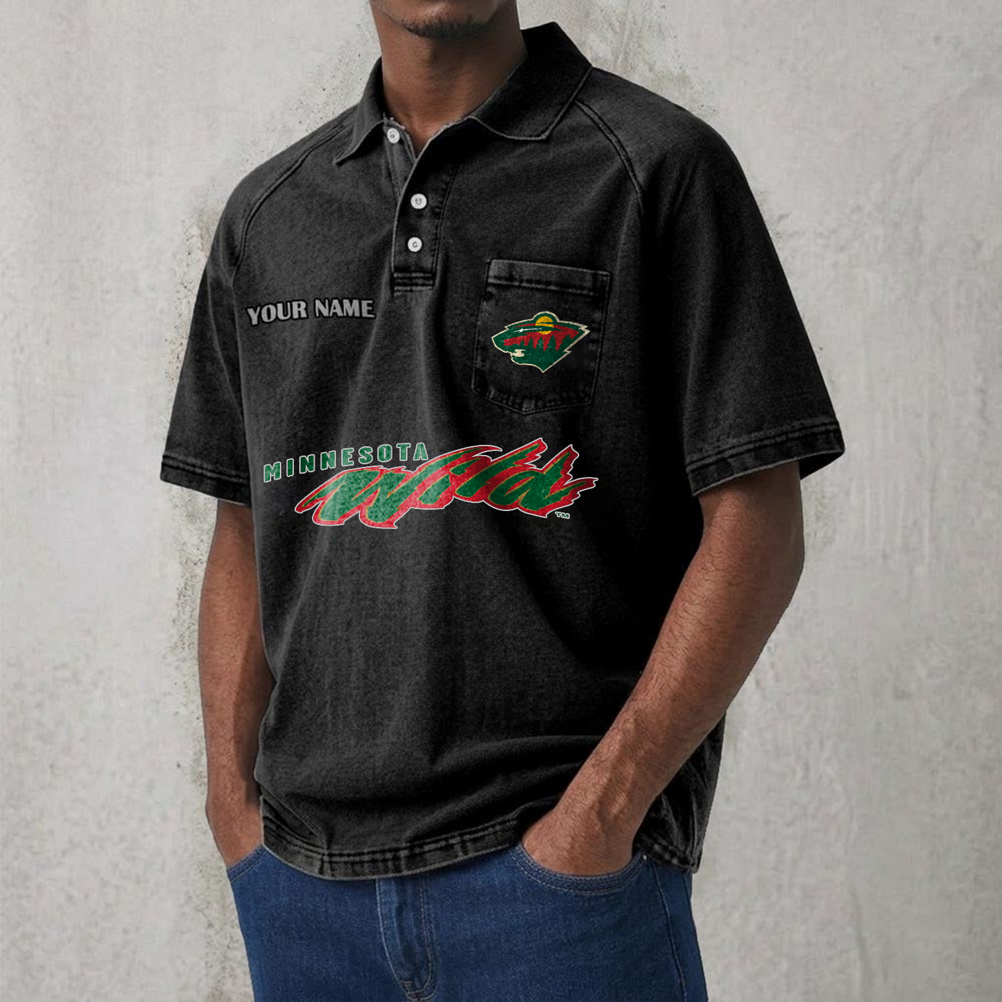 MIN x NHL Men's Distressed Turn-Down Collar Polo DATND TANTD 250526