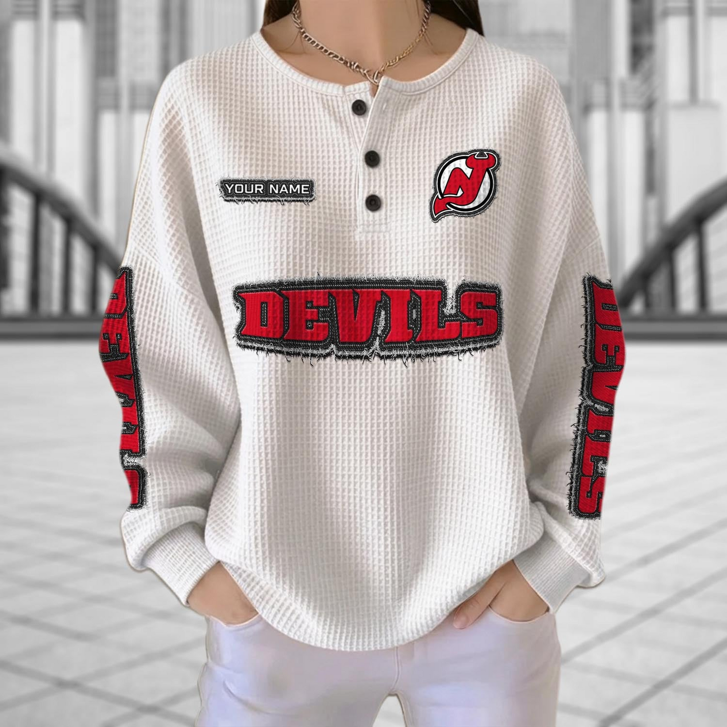 NJD x NHL Personalized Waffle Knit Henley Sweatshirt 2005 DatND DVT