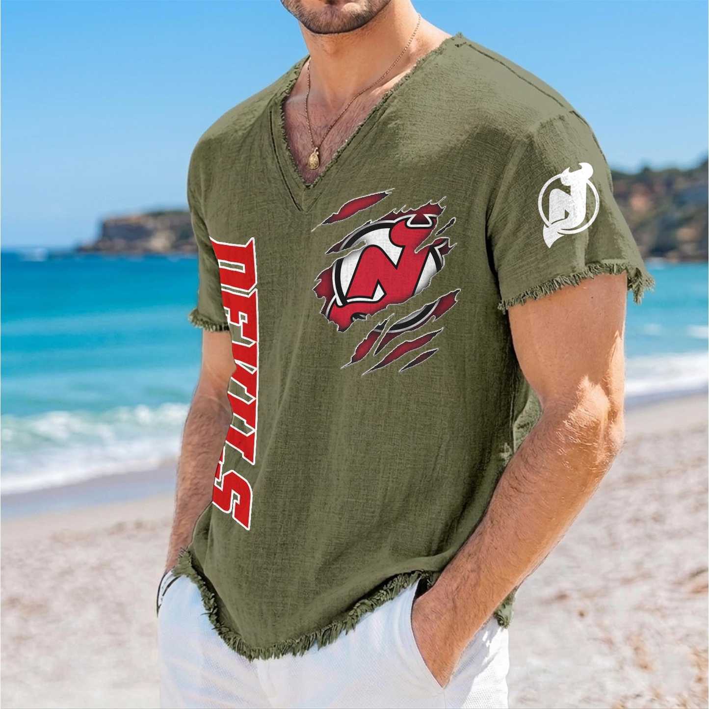 NJD x NHL V-Neck Linen Beach Shirt 1905 DatND DVT