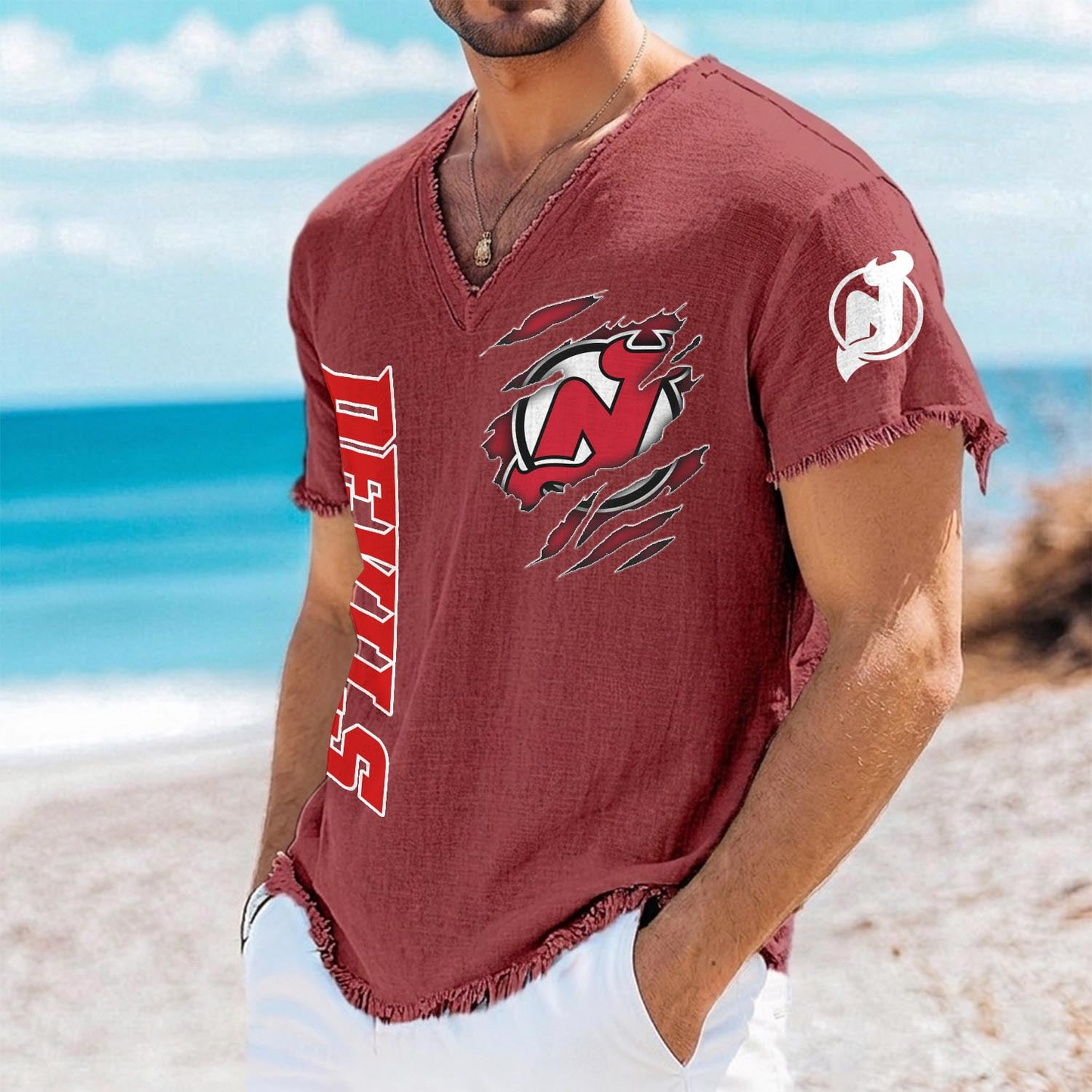 NJD x NHL V-Neck Linen Beach Shirt 1905 DatND DVT