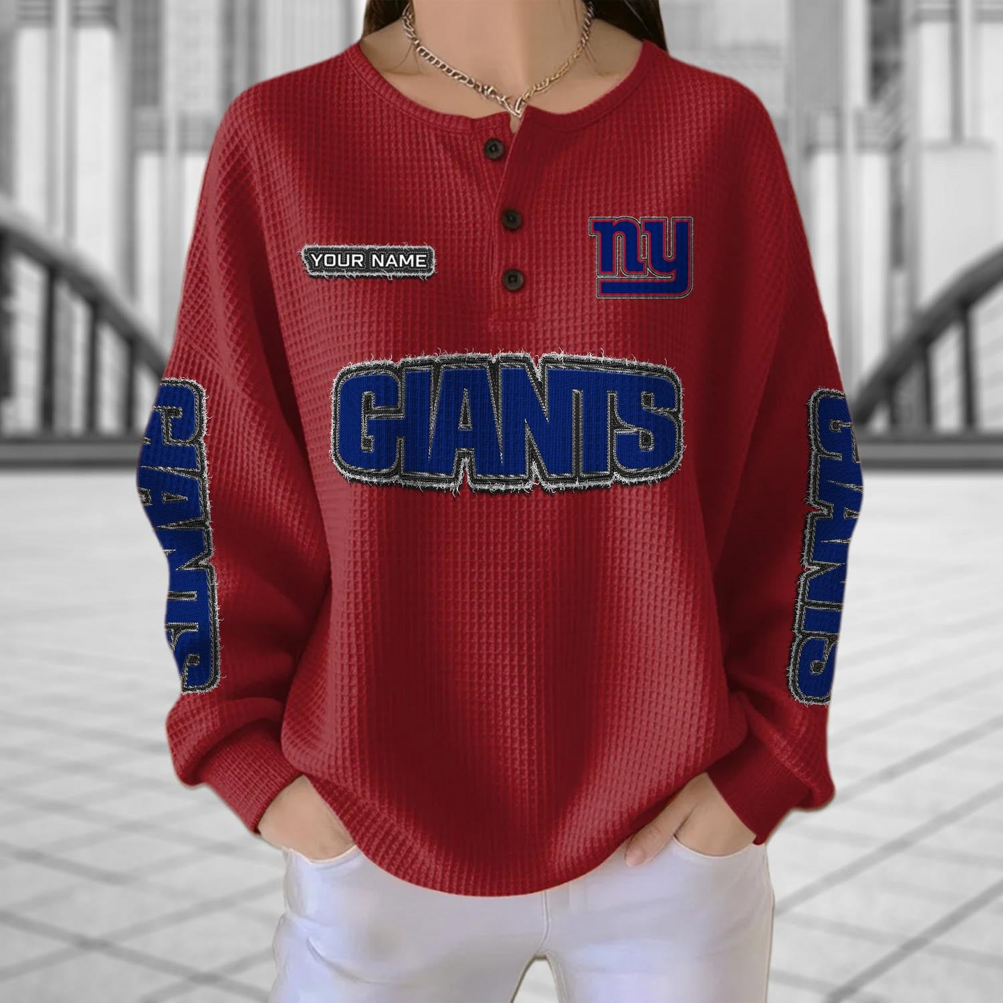 NYG x NFL Personalized Waffle Knit Henley Sweatshirt 2005 DatND DVT