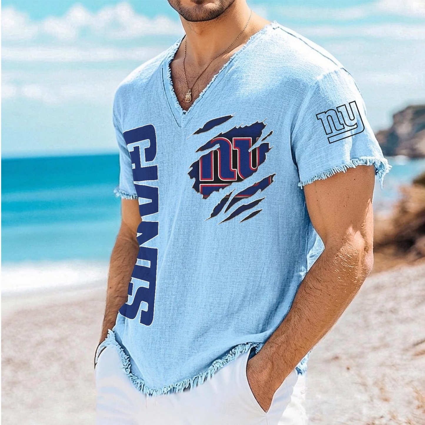 NYG x NFL V-Neck Linen Beach Shirt 1905 DatND DVT