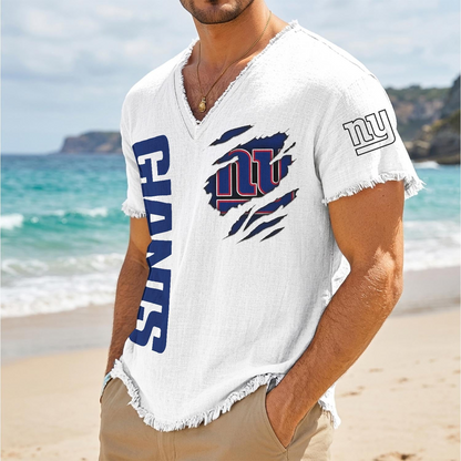 NYG x NFL V-Neck Linen Beach Shirt 1905 DatND DVT