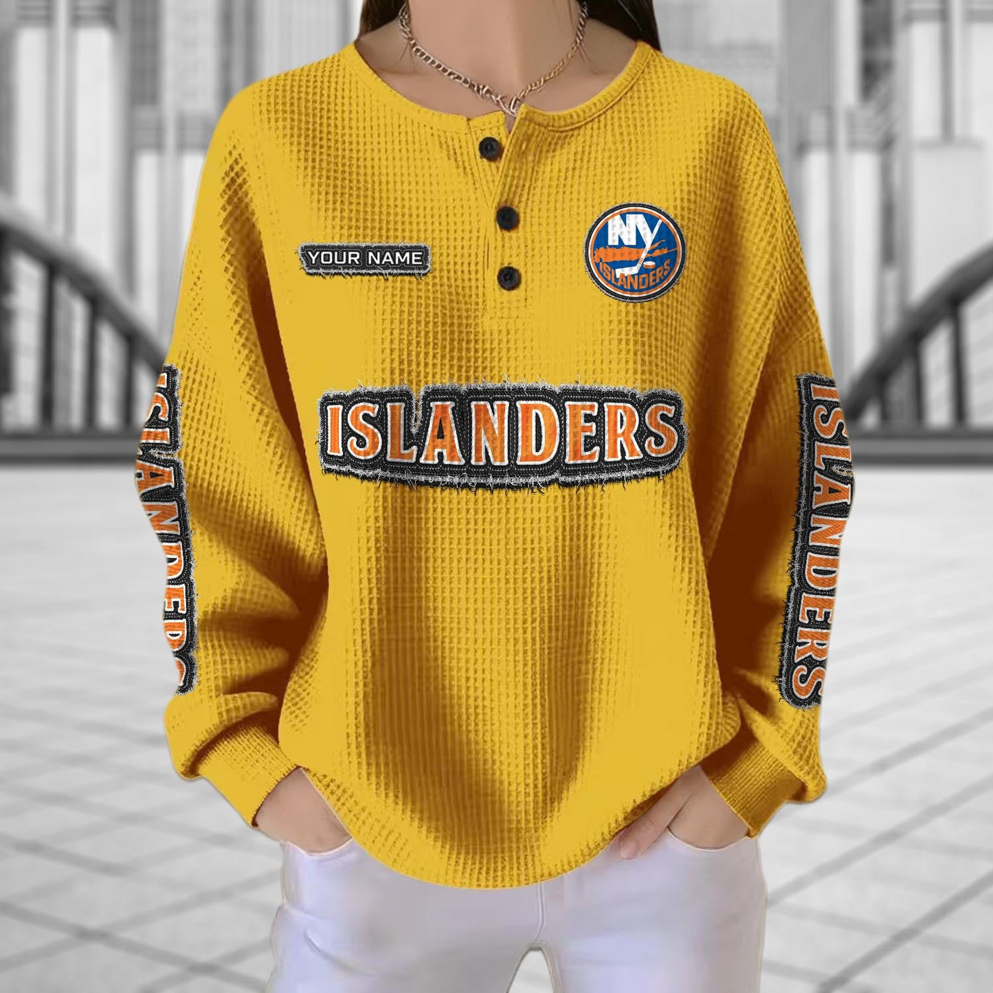 NYI x NHL Personalized Waffle Knit Henley Sweatshirt 2005 DatND DVT